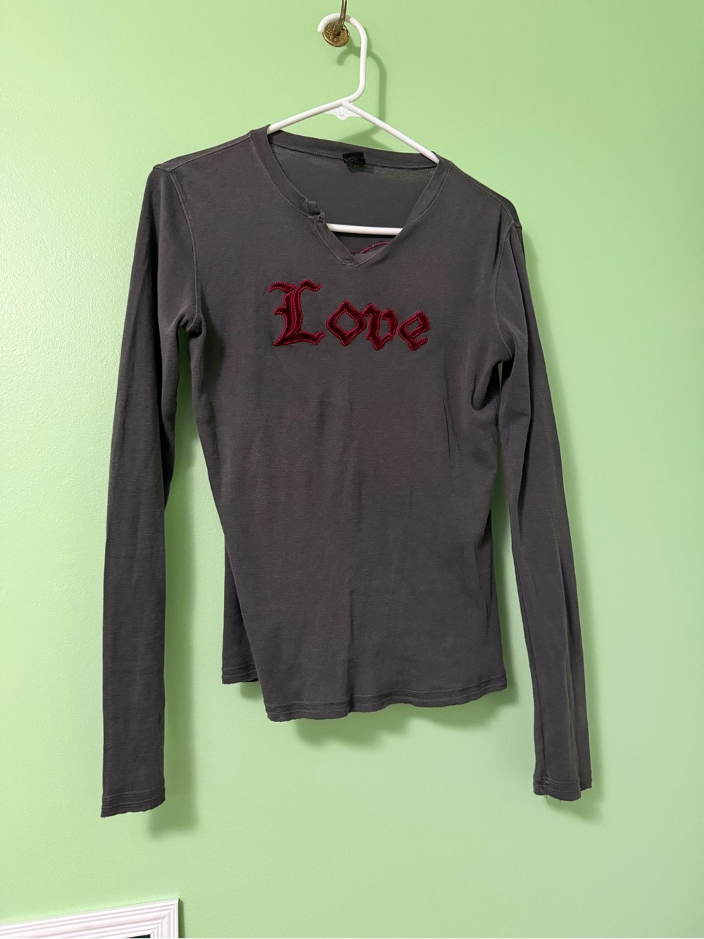 Lucky Brand Charcoal Gray Long Sleeve Top with Red 'Love' Appliqué